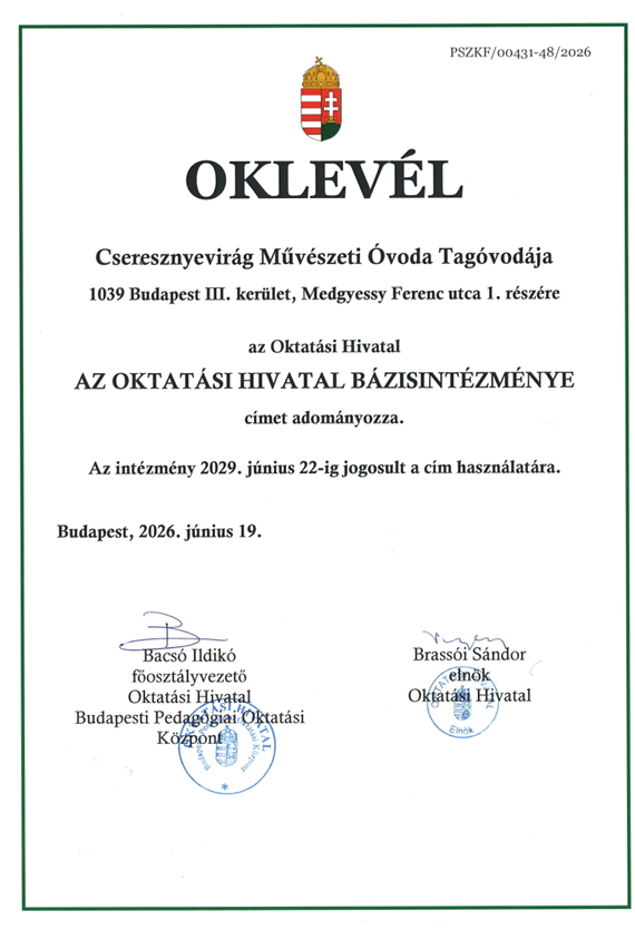 Bázisintézmény oklevél kép